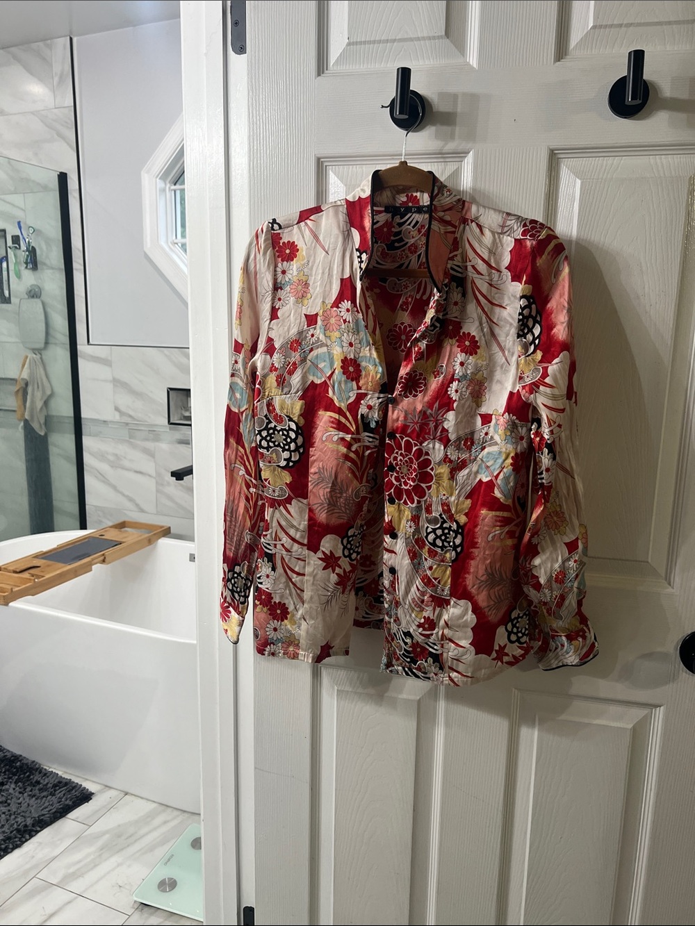 Hype Asian Inspired Floral Mandarin Collar Silky Blouse Top M